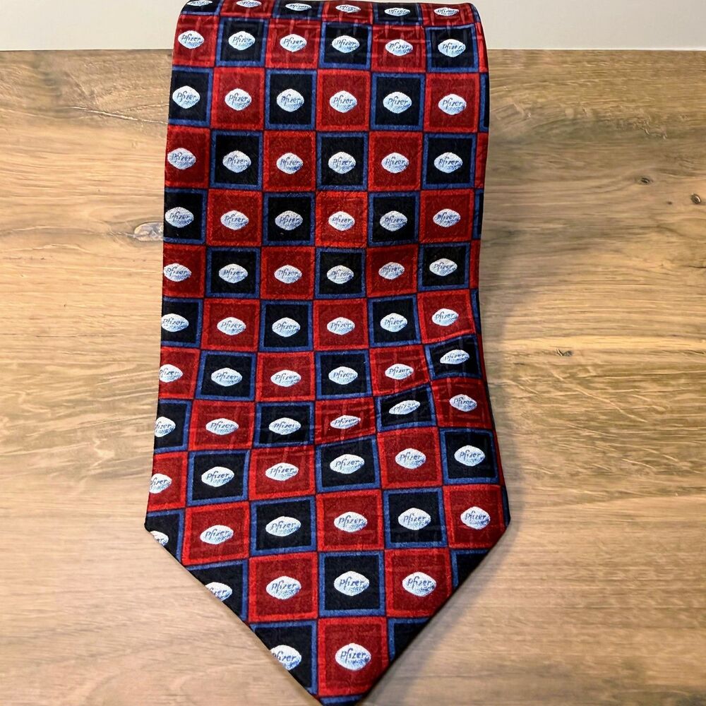 PFIZER Necktie BLUE PILL Hand Sewn 100% Silk Red Blue RARE Tie 58 Inch